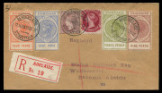 SOUTH AUSTRALIA - Postal History: POSTAL HISTORY: 1912 (Dec 23) registered cover from Adelaide to Austria franked with 1876-1900 9d rose-lilac and 2/- rose-carmine, together with 'Long Toms' Thick &euro;&tilde;POSTAGE&euro;&trade; 3d, 4d, 8d and 9d, BW on-cover Cat $150 (3d), 