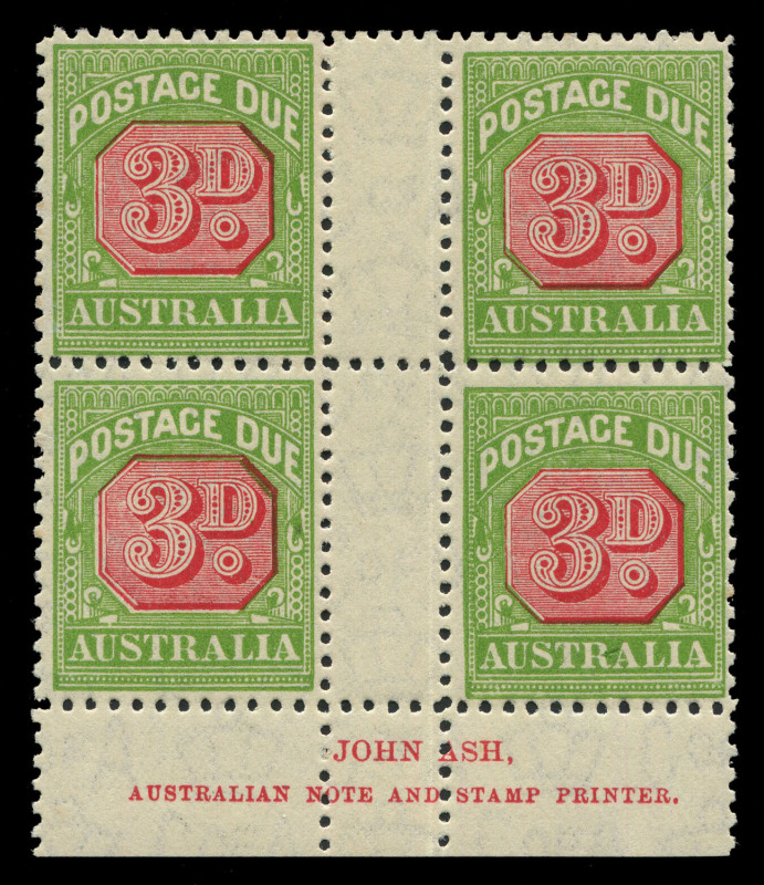 AUSTRALIA: Postage Dues: 1931-36 (SG.D108) CofA 3d Carmine & Yellow-Green perf.11 Ash 'N' over 'N' imprint block of 4, variety "Break in frame over U of AUSTRALIA" [LP60], superb fresh MUH; BW: D118z - Cat $1,400 (for hinged mint).
