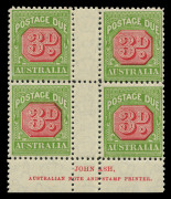 AUSTRALIA: Postage Dues: 1931-36 (SG.D108) CofA 3d Carmine & Yellow-Green perf.11 Ash 'N' over 'N' imprint block of 4, variety "Break in frame over U of AUSTRALIA" [LP60], superb fresh MUH; BW: D118z - Cat $1,400 (for hinged mint).