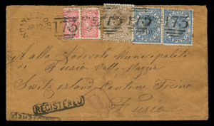 POSTAL HISTORY: 1884 (Apr.12) registered cover from Daylesford to Switzerland franked with 1883-84 Bell ½d pale red pair, Naish 2d Brown and 6d Blue Laureates (2), tied by multiple strikes of DAYLESFORD '173' duplex cancels, framed 'REGISTERED' handstamp, large purple 'R'-in octagon handstamp applied in Europe, 'BRINDISI/20/MAG/82' and very fine double-circle