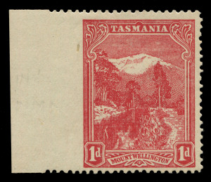 TASMANIA: 1905-11 (SG.250) Pictorials Crown over A 1d Rose-red Perf. 12½, marginal eample from left of the sheet, error IMPERFORATE BETWEEN STAMP & MARGIN, superb fresh lightly hinged; SG.250 variant, BW: T14bb - Cat. $1500. Very rare with only five examples known.