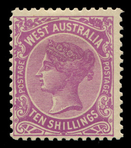 WESTERN AUSTRALIA: 1902-12 (SG.127a) Wmk V/Crown QV 10/- bright purple Perf 12x12½, fine mint; Cat. £950. Seldom offered.