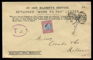 VICTORIA - Postal History: POSTAL HISTORY: 1891 (Aug. 7) OHMS printed cover for Dead Letter Office used at Melbourne, oval €˜T€™ in purple handstamp with mss. €˜2d' within, 2d claret & blue Postage Due affixed with tidy crayon cancel. Scarce.