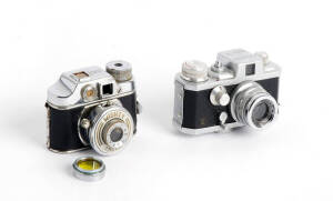 MORITA TRADING CO. (Japan): Kiku 16 Model II, c1956 sub-miniature camera for 14x14mm exposures on paper-backed rollfim; in maker's leather ERC. Also, a TOYO KOGAKU Mighty, c1947 sub-miniature camera.