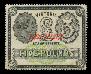 VICTORIA: 1884 (SG.233) Stamp Statute Series, Watermark V Crown (Inverted) £5 Black and Yellow-Green Perf 12½, optd 'REPRINT' in red, part-gum, SG. 233(R) - Cat. £22,000 for a normal issue.