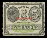 VICTORIA: 1884 (SG.233) Stamp Statute Series, Watermark V Crown (Inverted) &pound;5 Black and Yellow-Green Perf 12&frac12;, optd 'REPRINT' in red, part-gum, SG. 233(R) - Cat. &pound;22,000 for a normal issue.
