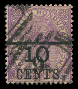 BRITISH WEST INDIES: BRITISH HONDURAS: 1891 (SG.44a) Surcharged in black 6c on 10c on 4d mauve, error '6' and bar inverted, a trifle toned as always, used. Only a handful known. Cat. £1,100. BPA Certificate (1935).