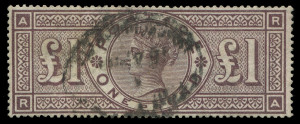 GREAT BRITAIN: 1884 (SG.184) Wmk Imperial Crowns QV £1 brown-lilac, full perfs, oval registered cancel, Cat. £3,000.