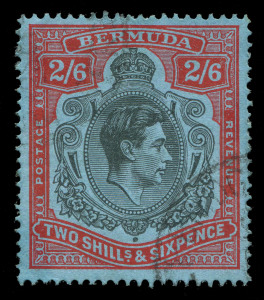 BRITISH WEST INDIES: BERMUDA: 1938-53 (SG.117af) KGVI 2/6d black & red/grey-blue, single-line perf 14¼ ordinary paper, variety "Gash in chin"; fine used, Cat. £1500.