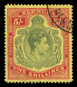 BRITISH WEST INDIES: BERMUDA: 1938-53 (SG.118bf) KGVI 5/- dull yellow-green & red/yellow, single-line perf 14¼ ordinary paper, variety "Gash in chin"; fine used, Cat. £750.