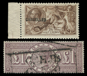 GREAT BRITAIN: 1855-84 highly catalogued Surface Printed selection including: Wmk Garter 4d (3), Wmk Emblems 6d (2), and 1/- cancelled with €˜C€™ of Constantinople (2) or €˜M€™ of Malta, 1865-67 uncoloured corners 4d (3), 6d with hyphen and 9d, 1867-80 Wmk Spray 6d with hyphen and 1/-, 1884 Imperial Crowns £1 brown-lilac SG.185; also 1913 Seahorses Waterlow Printing 2/6d sepia-brown and 5/- rose-carmine (SG.400-01) both optd with Type 24 "CANCELLED" handstamp; condition variable, Cat. £8250.