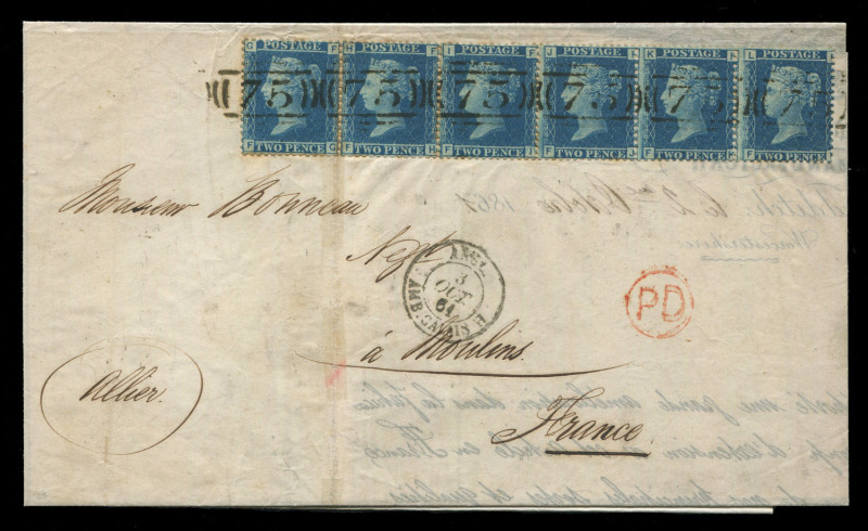 GREAT BRITAIN - Postal History: POSTAL HISTORY: 1861 (Oct. 2) entire letter to Moulins, France franked with 1858 2d blue Plate 9 strip of 6, tied by six strikes of BN '75' of Birmingham, appropriate transit and arrival datestamps on reverse. Rare multiple