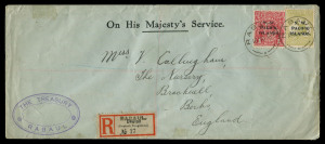 NEW GUINEA - Postal History: POSTAL HISTORY: 1918 (Nov.18) OHMS registered to England franked with NWPI opts KGV 1d Red and 3d Roo, 'RABAUL.' handstamp on German-type 'Deulon' registration label, double-oval €˜THE TREASURY/RABAUL€™ cachet in violet, Sydney transit and British arrival backstamps.