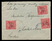 NEW GUINEA - Postal History: POSTAL HISTORY: 1919 (Jun) cover to Sweden endorsed "Letter for enemy country enclosed", franked with 1918-23 NWPI optd KGV 1d red (3, one being Die II, SG 103/103b) tied by KAWIENG datestamps, STOCKHOLM arrival backstamp. Die