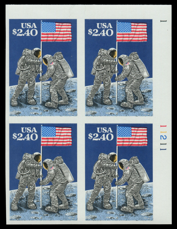 UNITED STATES OF AMERICA: 1989 (SG.2403c) $2.40 Moon Landing 20th Anniversary, variety IMPERFORATE Corner Plate Block of 4, fresh MUH; Cat. £1,400+ (a pair sold for US$350+ buyer's commission recently at Siegel). Spectacular space thematic!