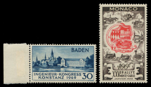 WORLD - General & Miscellaneous Lots: EUROPEAN SELECTION comprising AUSTRIA 1954 1sh Welsbach; FRANCE 1954 Sports set, 1964 €˜PHILATEC€™ M/S; GERMANY (Allied Occupation €“ French Zone) Baden 1949 30pf Engineers Congress being the Second Printing with Straub Certificate (2002); HUNGARY 1950 Five Year Plan set (Shield wmk); LIECHTENSTEIN 1960 Europa; LUXEMBOURG 1952 €˜CENTILUX€™ 2F and 4F se-tenant pair; MONACO 1955 100F Car Rally; all fresh MUH, Cat. £2000+