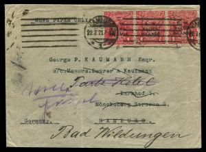 NEW GUINEA - Postal History: POSTAL HISTORY: 1921 (20 May) cover to Germany franked with NWPI KGV 1d Red strip of three tied by RABAUL datestamps and again, on arrival, by HAMBURG machine cancels, typed endorsements 'NEWS PAPER ONLY', and on the flap 'E Class, Rabaul/.../NWP Islands', vertical ironed-out fold. Most unusual.