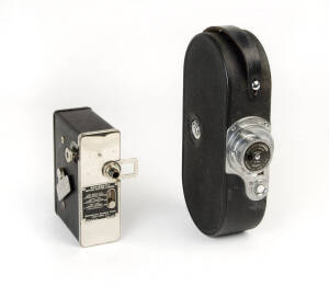 MOVIEMATIC CAMERA CORP. (U.S.A.): Moviematic, 1935, all-metal 16mm magazine camera &nbsp;for movie (flip) books, snapshots or as a projector; Also, a Stewart-Warner Hollywood Model 16mm camera, c1931.