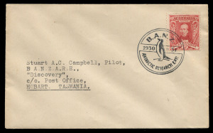 ANTARCTICA: B.A.N.Z.: 1930 self-addressed cover to €˜SAC Campbell Pilot/B.A.N.Z.A.R.E.,/€Discovery€€™, franked 1927 Sturt 1½d tied by superb strike of 'BANZ 1930 (penguin) -31 ANTARCTIC RESEARCH EXP' cachet in black.