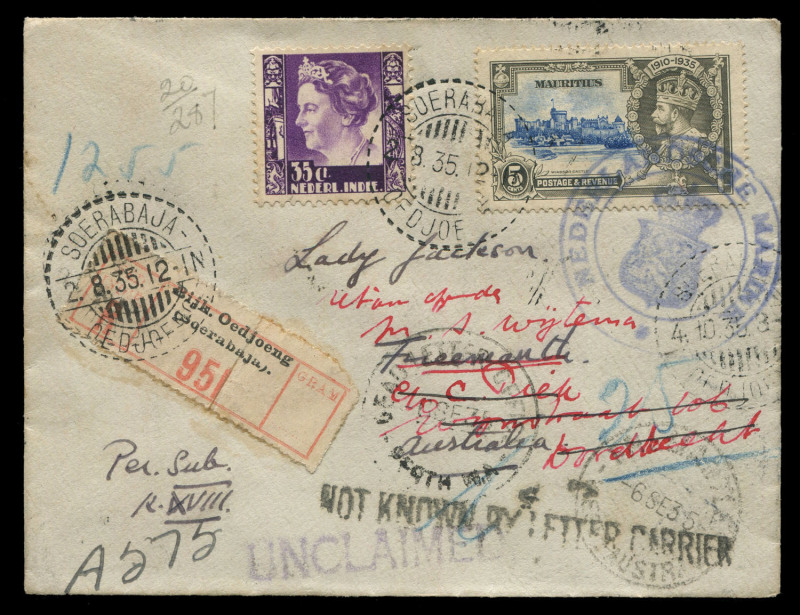 MAURITIUS: POSTAL HISTORY:1935 Covers (2) and a real-photo postcard posted during the visit of the Dutch Submarine 'K XVIII' whilst on its world tour from Holland to Java (during which it visited Tristan da Cunha, South Africa, Mauritius and Fremantle), o