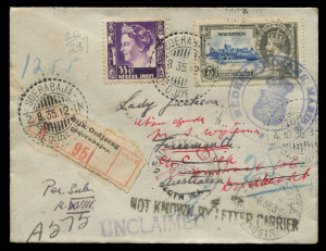 MAURITIUS: POSTAL HISTORY:1935 Covers (2) and a real-photo postcard posted during the visit of the Dutch Submarine 'K XVIII' whilst on its world tour from Holland to Java (during which it visited Tristan da Cunha, South Africa, Mauritius and Fremantle), one cover carried from the island by the submarine. The group comprises cover to Holland with an illustration of the submarine on the flap and "Built by Wilton-Fijenoord Rotterdam, Hr. Ms. Onderzeeboot K XVIII" posted at Port Louis (May 31)