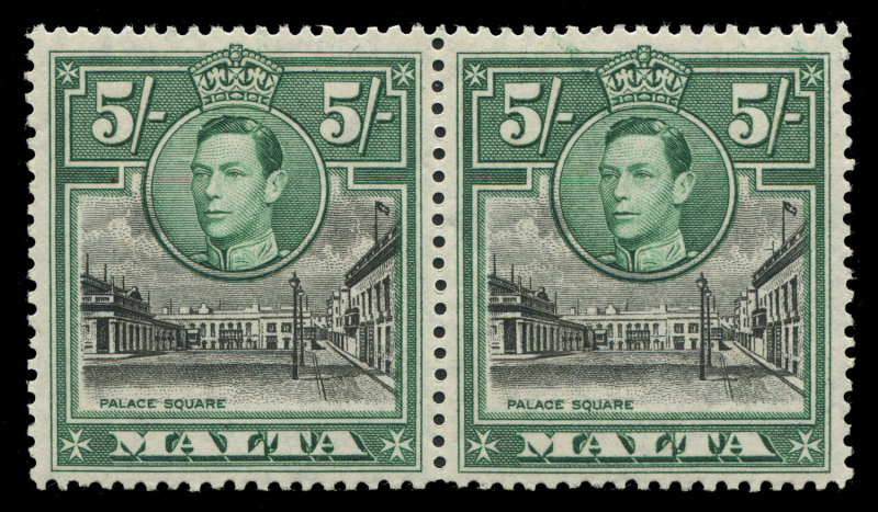 MALTA: 1938-53 (SG. 220ba, 221ba, 230a, 237aa, 238b) KGVI varieties selection comprising 1½d slate-back "Broken cross" in corner block of 8, 2d scarlet "Extra windows" in marginal block of 4, 5/- pair with "Semaphore flaw" on right hand unit, Optd €˜SELF-