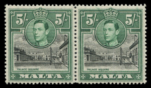 MALTA: 1938-53 (SG. 220ba, 221ba, 230a, 237aa, 238b) KGVI varieties selection comprising 1½d slate-back "Broken cross" in corner block of 8, 2d scarlet "Extra windows" in marginal block of 4, 5/- pair with "Semaphore flaw" on right hand unit, Optd €˜SELF-GOVERNMENT€™ 1½d single "Broken cross", 2d scarlet Flag on Citadel" in marginal block of 4; all fresh MUH except latter item which is fine MLH; Cat £580++ (19)