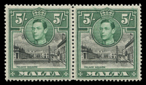 MALTA: 1938-53 (SG. 220ba, 221ba, 230a, 237aa, 238b) KGVI varieties selection comprising 1½d slate-back "Broken cross" in corner block of 8, 2d scarlet "Extra windows" in marginal block of 4, 5/- pair with "Semaphore flaw" on right hand unit, Optd €˜SELF-