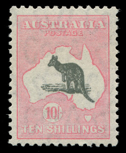 AUSTRALIA: Kangaroos - CofA Watermark: 10/- Dark Grey & Aniline Pink, excellent centring, MLH; BW:50E - Cat. $2750. Late printing - ACSC states "Most of this printing was probably withdrawn & destroyed following the issue of the 10/- Robes in November 1938."