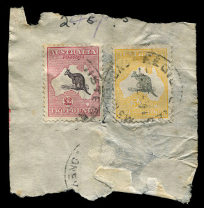 AUSTRALIA: Kangaroos - Third Watermark: £2 Purple-Black & Rose (minor peripheral aging, well centred), plus SMult 5/- on parcel piece fragment tied by REGISTERED/SYDNEY '4JY30' datestamps, PO Clerk's postage rate annotation above stamps; BW:45 & 56C; the 5/- value Cat. $250 used or $1200 "on cover", the £2 value Cat. $4500 used, unpriced "on cover"!
