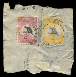 AUSTRALIA: Kangaroos - Third Watermark: £2 Purple-Black & Rose (minor peripheral aging, well centred), plus SMult 5/- on parcel piece fragment tied by REGISTERED/SYDNEY '4JY30' datestamps, PO Clerk's postage rate annotation above stamps; BW:45 & 56C; the 