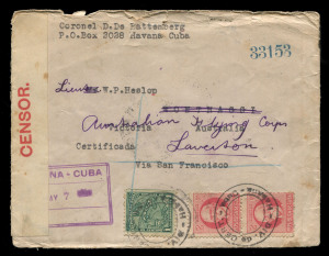 AUSTRALIA: Postal History - World War I - Military: WWI - AUSTRALIAN FLYING CORPS: 1917 (May 7) inwards registered cover from Cuba addressed to Lieut.W.P. Heslop of the AFC, sent by Coronel D. De Battenberg, franked with 2c (6, pair & block of 4) and 1c D