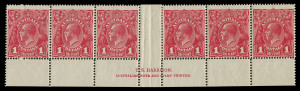 AUSTRALIA: KGV Heads - Single Watermark: 1d Red Plate 3 Harrison two-line imprint ('N' over 'MP') strip of 6 with variety "White flaw in right frame opposite Emu's Feet" [VI/55], mounted in central gutter only, stamps MUH, BW.71(3)zg - Cat $1750 (for moun