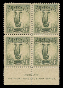 AUSTRALIA: Other Pre-Decimals: 1932 (SG.140) 1/- Large Lyrebird Ash Imprint block of 4, well centred, fresh MUH, Cat. $750.