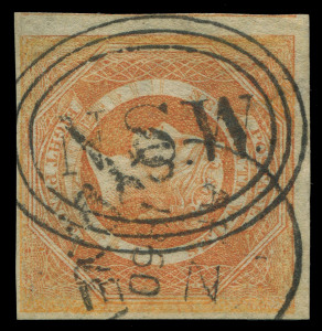 NEW SOUTH WALES: 1854-59 (SG.98) 8d dull yellow-orange, complete margins (close at right & base), fragment of adjoining stamp evident at left, SYDNEY 'AP/1860' & 'NSW'-in concentric ovals cancels, Cat. £1500.