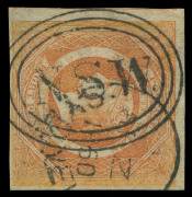 NEW SOUTH WALES: 1854-59 (SG.98) 8d dull yellow-orange, complete margins (close at right & base), fragment of adjoining stamp evident at left, SYDNEY 'AP/1860' & 'NSW'-in concentric ovals cancels, Cat. &pound;1500.