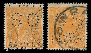 AUSTRALIA: KGV Heads - Single Watermark: 1919-23 ½d Orange with INVERTED 'OS/NSW' perfin, with comparison example (SMult) of the normal puncture; fine used.