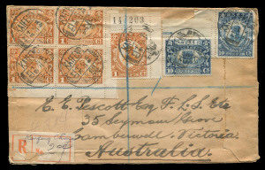 CHINA - Postal History: POSTAL HISTORY - REGISTERED 'CHINESE INLAND MISSION' COVERS TO AUSTRALIA: comprising 1917 Hankow registered with four-colour Junk franking, HANKOW boxed registration handstamp, SHANGHAI & REGISTERED/HONG KONG backstamps and 1926 Chefoo registered re-use of a cover (opened on 3 sides, previously used in 1920) with Junks 10c (3), 1c & ½c (2) tied by CHEFOO datestamps, red/white registration label, SHANGHAI & MELBOURNE backstamps,