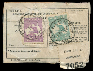 AUSTRALIA: Postal History: PARCEL TAGS/LABELS: 1923 label, adhered to parcel fragment, franked with Third Wmk 9d Die II & 1/- Die II Roos tied by well-struck GEELONG '19MY23' datestamps, scarce large-part 'Form P.P. 2/GEELONG/7052' counter label affixed. 1/9d paid the intra-state rate for a parcel weighing up to 6lbs (9d for first 2lbs, then 3d for each additional lb).
