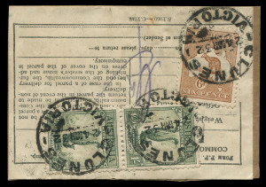 AUSTRALIA: Postal History: PARCEL TAGS/LABELS: 1932 label, adhered to parcel fragment, franked with 1/- Large Lyrebird vertical pair and 6d CofA Roo (Cat.$750 on cover) tied by well struck CLUNES '24MR32' datestamps. 2/6d would have paid Scale 2 intra-state rate for a parcel travelling beyond 30 miles, weighing up to 8lbs.