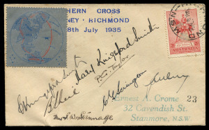 AUSTRALIA: Aerophilately & Flight Covers: "THE LAST FLIGHT OF THE 'SOUTHERN CROSS'":: 18 July 1935 (AAMC.514 & 515) comprising covers numbered '23', '33', and consecutively numbered '36' & '37' each cover bearing a perforated special vignette, all are signed by the seven personnel aboard this historic short Mascot-Richmond flight, namely pilots Charles Kingsford Smith and P.G. Taylor, plus Mary Kingsford Smith, John Stannage, Beau Shiel, John Ulm & C.G.Scrimgeour (radio broadcaster), in addition