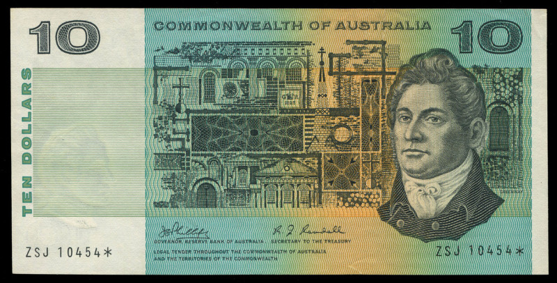 Banknotes - Australia: 'Star' Banknotes: 1968 (R303sL) Phillips/Randall QEII $10 Last Prefix STAR BANKNOTE 'ZSJ 10454', teller flick, otherwise EF, Cat. $2,950.