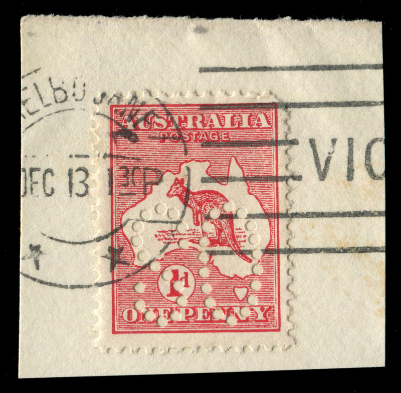 AUSTRALIA: Kangaroos - First Watermark: 1d Red Die II Perf Large 'OS' (nibbed perfs UR corner) with 'OS PERFIN INVERTED', tied to small piece by MELBOURNE 'DEC 13' machine cancel. Not listed by Brusden White and the first example we have encountered.