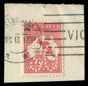 AUSTRALIA: Kangaroos - First Watermark: 1d Red Die II Perf Large 'OS' (nibbed perfs UR corner) with 'OS PERFIN INVERTED', tied to small piece by MELBOURNE 'DEC 13' machine cancel. Not listed by Brusden White and the first example we have encountered.