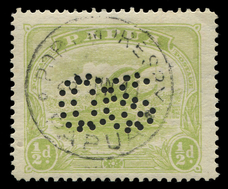 PAPUA: OFFICIALS: 1911-12 (SG.O38) Monocolours ½d yellow-green variety "'OS' Puncture doubled", 1911 PORT MORESBY datestamp.
