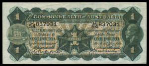 Banknotes - Australia: Pre-Decimal Banknotes: 1927 (R26) Riddle/Heathershaw KGV £1 general prefix 'J/54 83701', small foxing spot upper edge, flattened centre fold and a few flattened small wrinkles, gEF.