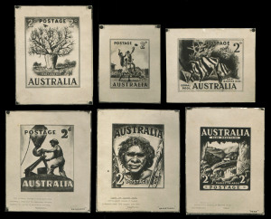 AUSTRALIA: Other Pre-Decimals: 1946 STAMP DESIGN COMPETITION: group of stamps-sized 2d photographic essays identified by various names/non-de-plumes comprising (1) "Coral Pool, Great Barrier Reef" by "Gray"; (2) untitled Australian Rules action scene by "James" ; (3) 'Bottle Tree" by "Camera"; (4) "Typical Aboriginal head with weapons each side" by "Ralantando"; (5) "Worker attaching skip for conveying concrete" by "Decameron"; (6) "Carlotta Arch, Blue Mountains" by "Deke"; some with spotting on