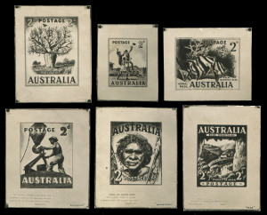 AUSTRALIA: Other Pre-Decimals: 1946 STAMP DESIGN COMPETITION: group of stamps-sized 2d photographic essays identified by various names/non-de-plumes comprising (1) "Coral Pool, Great Barrier Reef" by "Gray"; (2) untitled Australian Rules action scene by "