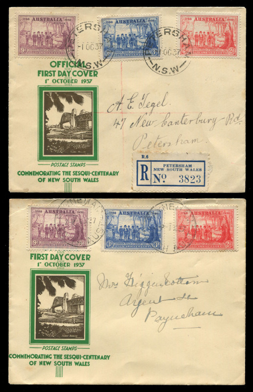 AUSTRALIA: Other Pre-Decimals: 1937 (SG.193var) NSW Anniversary set on Petersham registered FDC the 2d value being an impressive DRY INK variety (unlisted by Brusden White), together with comparison FDC showing the 2d value in its normal state. (2 covers)