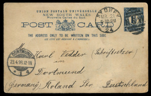 POSTAL STATIONERY & POSTAL HISTORY: interesting array with VICTORIA 1912-13 Electoral Claim Envelopes addressed to Berwick (5) one with partial HARKAWAY datestamp, 1908 Fleet Postal Cards 1d Red (4) & 1½d (3); also NSW 1½d UPU Postal Cards (2) used 1895 or 1898 to Germany, the latter with 'At the Antipodes' humourous illustration on reverse, 1895 inwards NZ stampless 'On Public Service' registered envelope